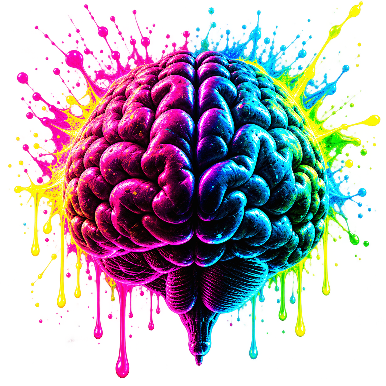 Colourful neon brain with pink, cyan and yellow paint splashes